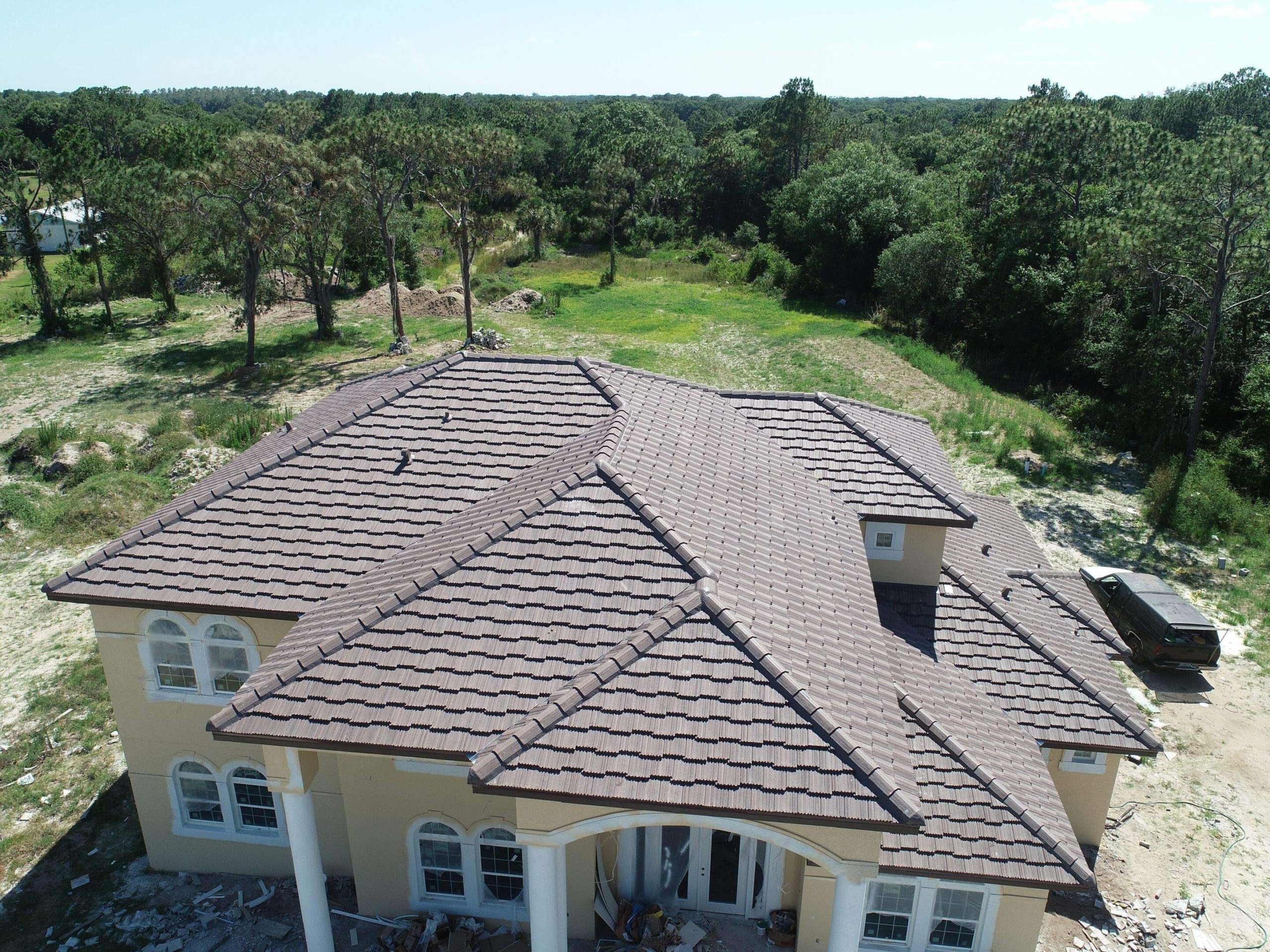Overhead view of multi-level tile roofing